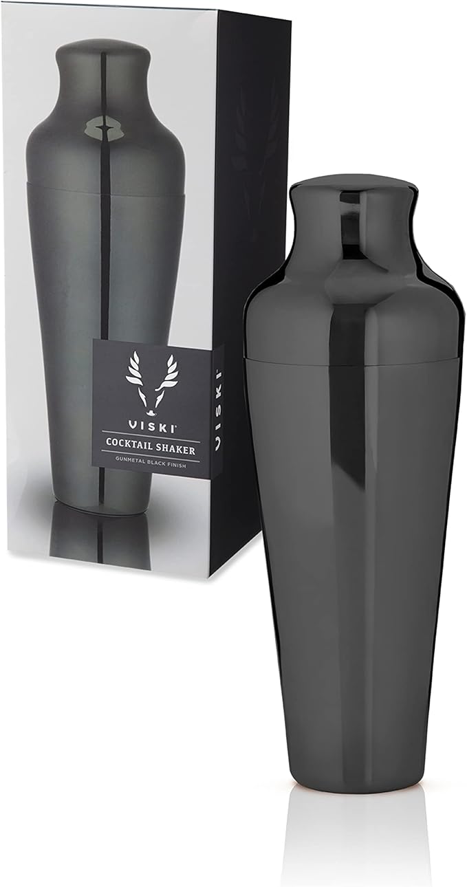 Viski Parisian Cocktail Shaker for Cold Brew Cocktails, Margarita, Espresso Martini, Contoured High Shine Polished Stainless Steel Martini Shaker, Home Bar, Bartender Gifts, 25 oz, Set of 1, Black