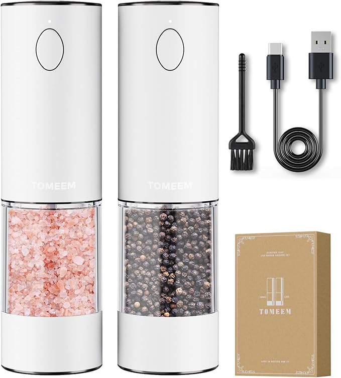TOMEEM Upgraded Larger Capacity Electric Salt and Pepper Grinder Set Rechargeable with LED lights, Stainless Steel Automatic Pepper and Salt Grinder Refillable with 5 Adjustable Coarseness White