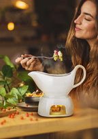 Nucookery Large Classic 17 Oz Gravy Boat with Warmer, White Fine Porcelain Saucier with Big Dripless Lip Spout, Bowl For Thanksgiving, Warming Sauces, Salad Dressings, Milk, Microwave & Freezer Safe