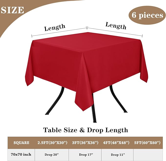Fitable 6 Pack Red Square Tablecloths - 70 x 70 Inches - Stain Resistant and Reusable Table Clothes, Polyester Fabric Table Covers for Dining, Card Tables, Coffee Tables