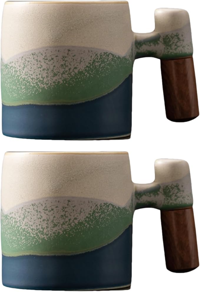 2-Oz Ceramic Espresso Cups with Wood Handle, 2/4-Piece Set for Coffee, Tea, Latte - Dishwasher Safe, Multi-Color & Wood Styles, Gift & Café Use (Kiln turning blue, Wooden Handle2)