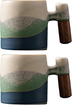 2-Oz Ceramic Espresso Cups with Wood Handle, 2/4-Piece Set for Coffee, Tea, Latte - Dishwasher Safe, Multi-Color & Wood Styles, Gift & Café Use (Kiln turning blue, Wooden Handle2)