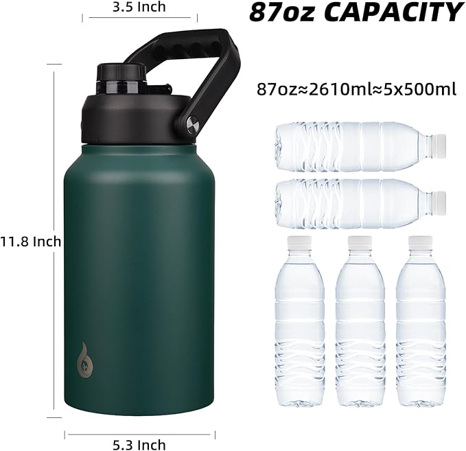 BJPKPK 87oz Insulated Water Bottle, Dishwasher Safe 2/3 Gallon Water Bottle with Ergonomic Handle, BPA Free Leak Proof Water Jug, Stainless Steel Metal Water Bottle with Anti-slip Bottom, Army Green