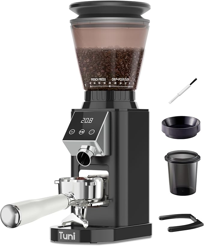 Tuni G1 Conical Burr Coffee Grinder, 48 Grind Settings Anti-static Burr Mill, Precision Electronic Timer and LED Touchscreen for Espresso/Drip/Cold Brew/French Press, Stainless Steel, Noir