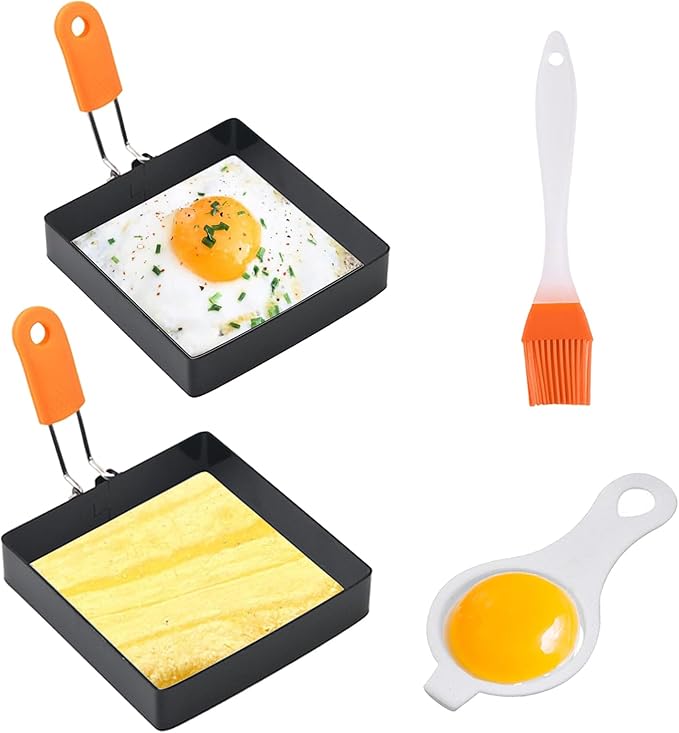 2 Pcs 4 In Square Egg Ring for Frying,Egg Pancake Cooking Rings,Non Stick Stainless Steel Omelet Maker,Equipped with silicone insulated handle,oil brush,and egg separator