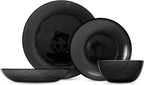 FORTESSA Los Cabos Tableware, 16-Piece Glass Dinnerware Set with 4 Dinner Plates, 4 Salad Plates, 4 Coupe Bowls and 4 Cereal Bowls, Dishwasher-Safe Glass Plate Set, Shadow Black