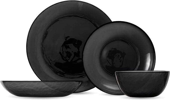 FORTESSA Los Cabos Tableware, 16-Piece Glass Dinnerware Set with 4 Dinner Plates, 4 Salad Plates, 4 Coupe Bowls and 4 Cereal Bowls, Dishwasher-Safe Glass Plate Set, Shadow Black