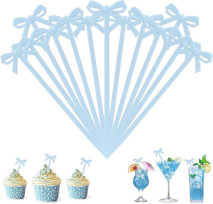 100Pcs Bow Cocktail Picks Party Toothpicks Blue Plastic Fruit Skewers Christmas Bow Drink Stirrers Cupcake Toppers Fancy Toothpick for Appetizers Drinks Wedding Coquette Birthday Bow Party Decor