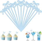 100Pcs Bow Cocktail Picks Party Toothpicks Blue Plastic Fruit Skewers Christmas Bow Drink Stirrers Cupcake Toppers Fancy Toothpick for Appetizers Drinks Wedding Coquette Birthday Bow Party Decor