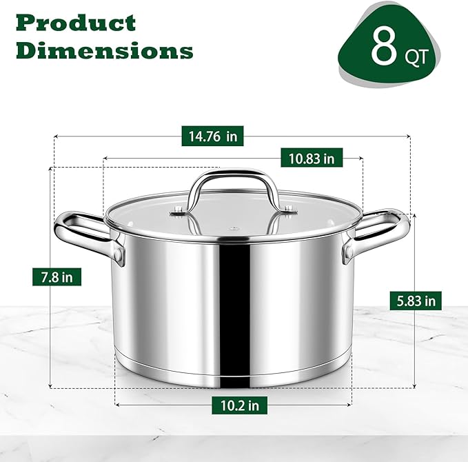 P&P CHEF 8 Quarts Cooking Stock Pot with Lid, Stainless Steel Stockpot Induction Pot for Soup, Tri-Ply Bottom & Clear Glass Lid & Double Handle, Dishwasher Safe