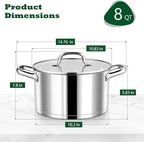 P&P CHEF 8 Quarts Cooking Stock Pot with Lid, Stainless Steel Stockpot Induction Pot for Soup, Tri-Ply Bottom & Clear Glass Lid & Double Handle, Dishwasher Safe