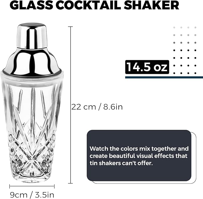 Cocktail Shaker, 14.5 Oz Glass Martini Shaker with Strainer for Bars, Whiskey, Cocktails, Silver