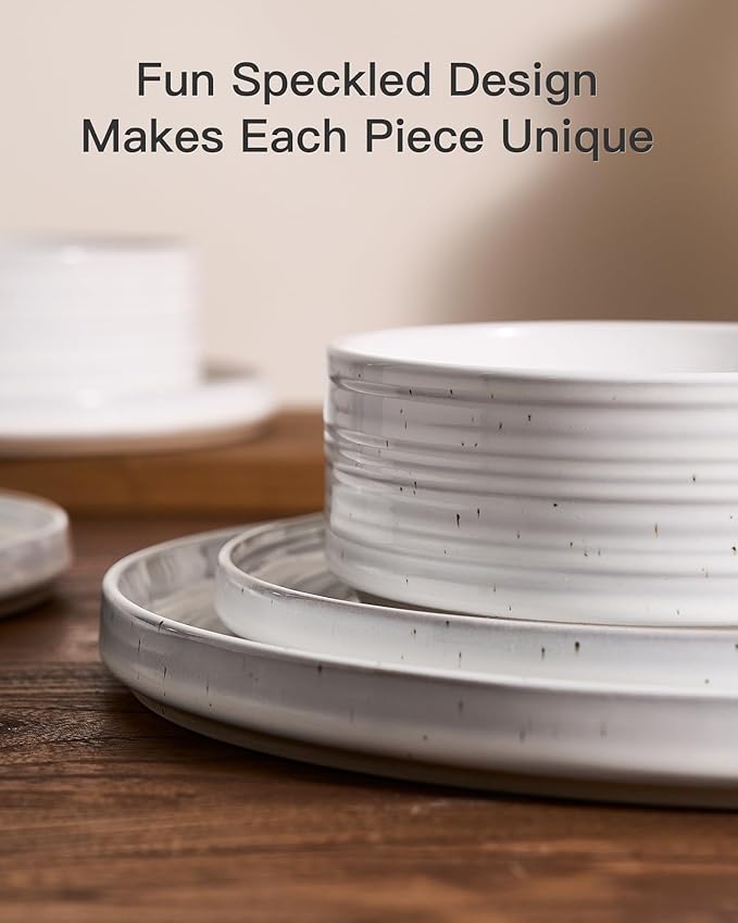 Plates and Bowls Sets for 6, Famiware Premium 18-Piece Stoneware Dinnerware Set, Spiral Dish Set with Straight Rim, Speckles & Reactive Glaze - Microwave & Dishwasher Safe Tableware, White