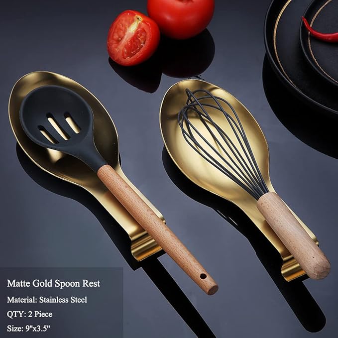 Matte Gold Spoon Rest, Stainless Steel Holder for Stove Top, Kitchen Utensils for Ladles, Tongs, Spatula, Pot Lid, Dishwasher Safe (2PC-9.5 Inch)