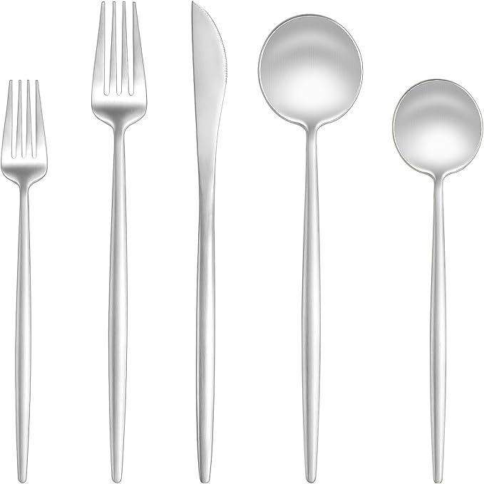 EUIRIO 60-Piece Matte Silverware Set for 12, Stainless Steel Flatware Set, Modern Brushed Thick Cutlery Set with Spoons Forks and Knives, Utensil Sets for Home Kitchen Hotel, Dishwasher Safe
