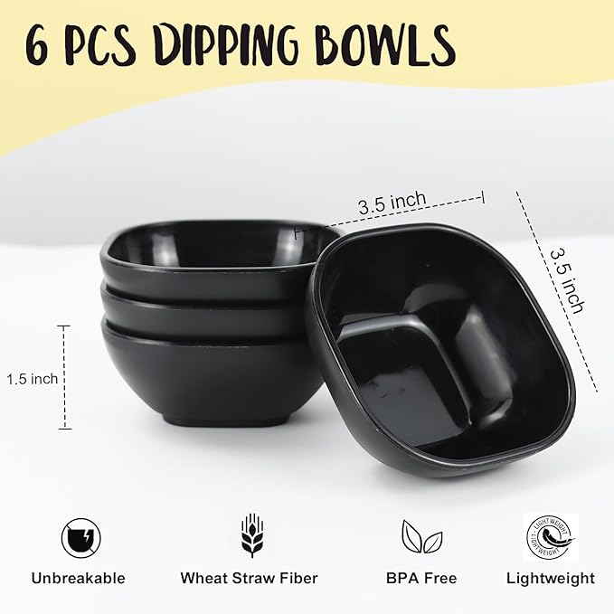 5 oz Soy Sauce Dishes, 6 Pack Wheat Straw Small Dipping Bowls, Sauce Dish, Small Dip Bowls for Side Dishes, Condiment, Appetizer, Snack (Black)