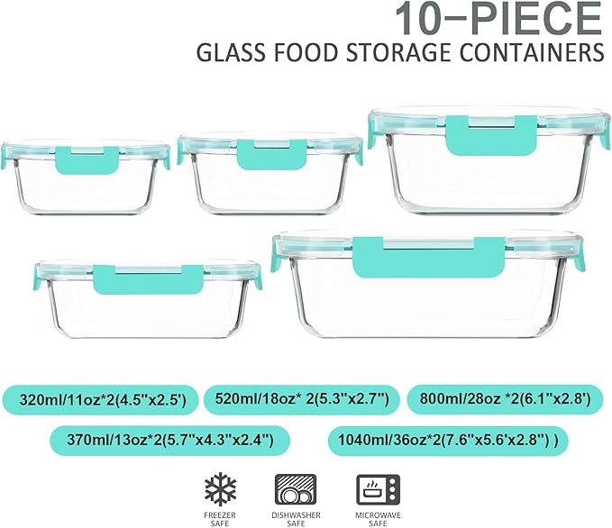 M MCIRCO 10-Pack Glass Food Storage Container with Lids, Airtight Glass Lunch Bento Boxes, Glass Meal Prep Container,Microwave, Oven, Freezer and Dishwasher Friendly, Green
