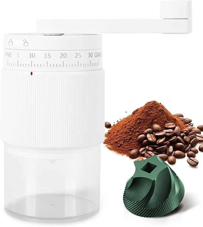 Manual Coffee Grinder - 95 Ceramic Burr, Adjustable Coarse to Fine, 30g Beans & 80ml Powder, Detachable Handle for Espresso, French Press, Camping (white)