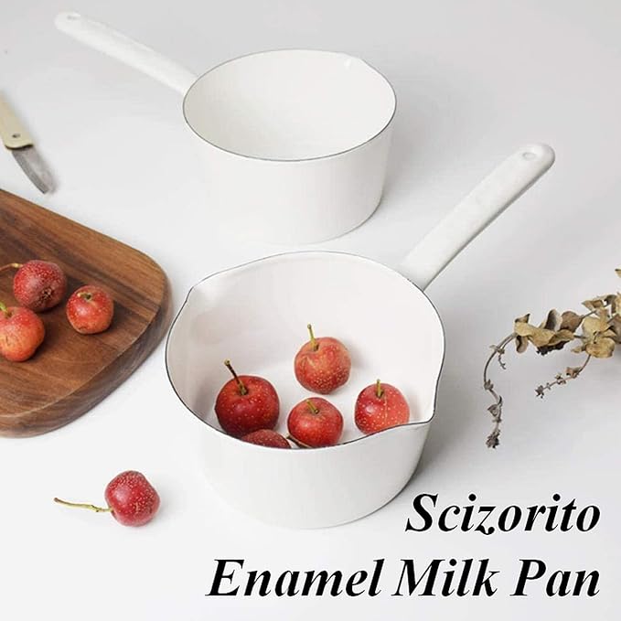 1.2L Enamel Milk Pan, Nonstick Milk Pot with Pour Spouts, Even Heat Conduction, Easy to Cook and Clean, Enamel Pot for Home Kitchen or Restaurant White