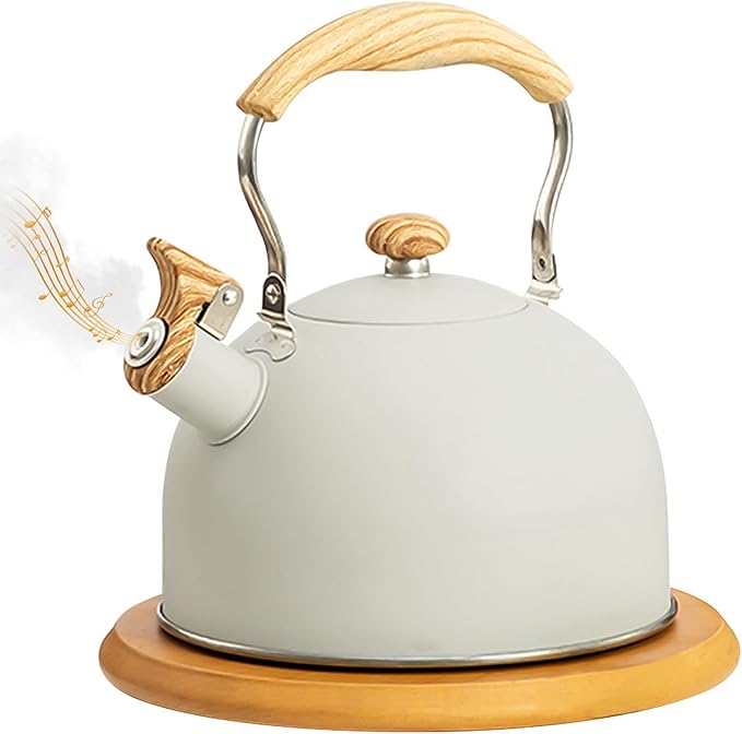 Kawlity Whistling Tea Kettle Tea Pots 2.5L, Stainless Steel Kettle with Wood Pattern Folding Handle, Whistle Kettle for Tea Coffee (Beige)