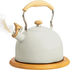 Kawlity Whistling Tea Kettle Tea Pots 2.5L, Stainless Steel Kettle with Wood Pattern Folding Handle, Whistle Kettle for Tea Coffee (Beige)