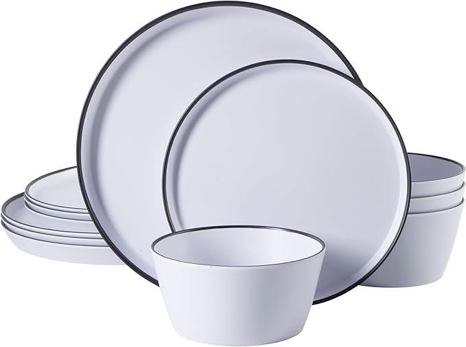 Gibson Home Folsom Shores 12 Piece Unbreakable Modern Melamine Plates and Bowls Dinnerware Set - Outdoor, Camping, & Everyday Use - White W/Black Rim