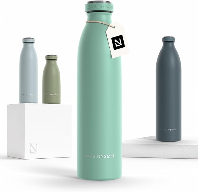 LARS NYSØM Stainless Steel Insulated Water Bottle 12 oz 17 oz 25 oz 34 oz 51 oz | Insulated Thermo Flask for Hot and Cold Beverages | Leakproof Drinking Bottle (Aqua Turquoise, 25.4 oz)