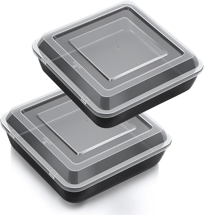TeamFar 8 Inch Cake Pan, Square Cake Baking Tin & Lid Set, Stainless Steel Core & Nonstick Coating, for Baking Roasting Serving, Healthy & Sturdy, Easy to Release & Clean (2 Pans + 2 Lids)