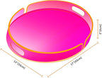 Acrylic Serving Tray with Handles Large Decorative Ottoman Tray 17x13'' Round for Bathroom Food Coffee Fruit Snack Tea Dinner Living Room, Neon Pink