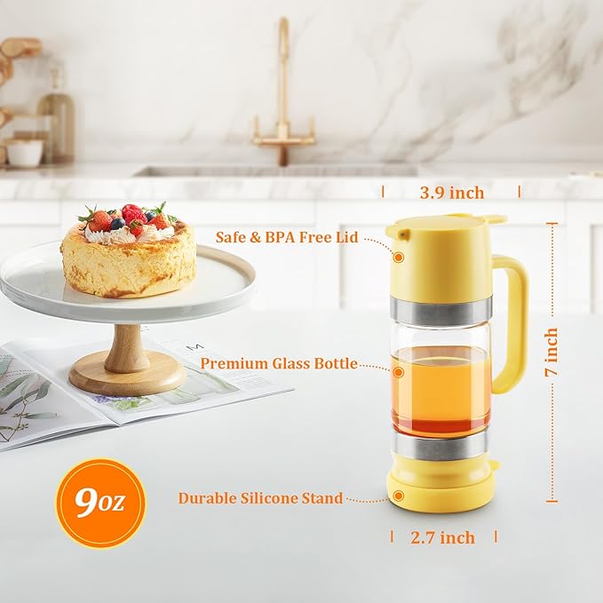 Aelga Glass Honey Dispenser Pot, No Drip 9 OZ Honey Jar with Handle, Syrup Dispenser for Coffee or Tea, Yellow