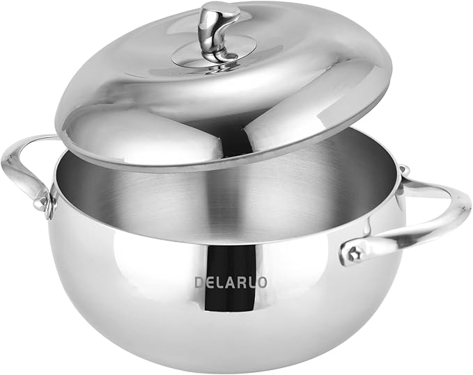 DELARLO Tri-Ply Stainless Steel 5 Quart Dutch Oven With Lid,Induction Braiser Pan Rondeau Pot Dishwasher-Safe Compatible With All Cooktops Up to 500℉