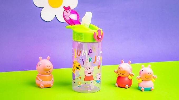 Zak Designs Peppa Pig Kids Water Bottle For School or Travel, 16oz Durable Plastic Water Bottle With Straw, Handle, and Leak-Proof, Pop-Up Spout Cover (Peppa & Friends)