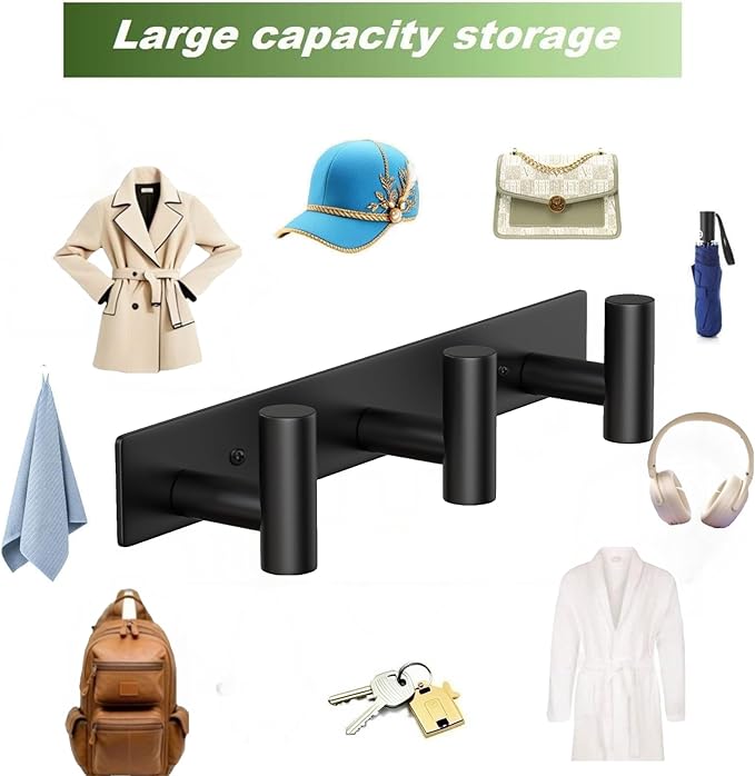 Coat Rack Wall Mounted with 3 Hooks,Heavy Duty Wall Hooks for Hanging Towel Coat Hat Bag, Metal Coat Hooks Hat Rack Coat Hanger Towel Hooks for Entryway Bathroom Kitchen (Black, 2 Packs)