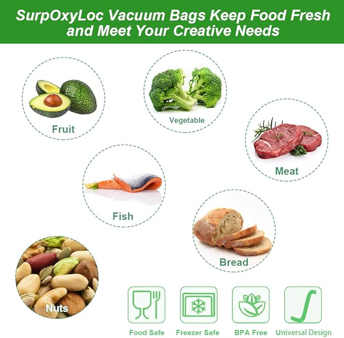 SurpOxyLoc 200 Gallon Size11"x16" Vacuum Freezer Sealer Bags for Food,BPA Free, Heavy Duty Commercial Grade,Sous Vide Vaccume Safe,Universal Design Pre-Cut Bag and Work with Any Types Vacuum Sealer