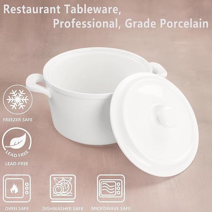 Mini Casserole Dish With Lids, Porcelain Baking Cocotte Set of 4, French Onion Soup 27 oz, Ramekins for Soup, Casseroles, Leftovers, Kitchen Cooking - Microwaves, Oven and Dishwasher Safe