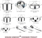HOMICHEF 14-Piece Nickel Free Stainless Steel Cookware Set Whole-Clad 3-Ply - Mirror Polished Pots And Pans Set - Healthy Cookware Set With Steamer - Non-Toxic Induction Cookware Sets