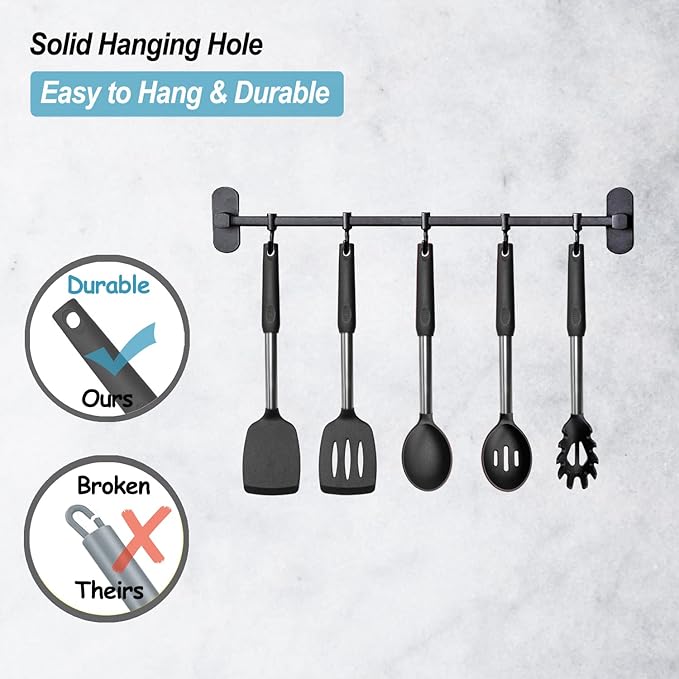 Silicone Spatula and Cooking Spoon,5 Pack Non-Stick Cooking Utensils for Kitchen，Heat Resistant Solid & Slotted Spoons and Spatulas, Stainless Steel Handle Coated with Silicone,Black