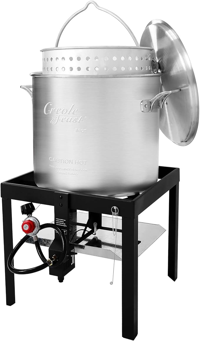 Creole Feast SBK0801 80 Qt Seafood Boiling Kit with Strainer, Outdoor Seafood Boil Pot and Basket with 100,000 BTUs Propane Burner and 10 PSI Regulator, Black & Silver
