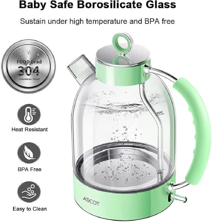 ASCOT Electric Kettle, Glass Electric Tea Kettle Gifts for Men/Women/Family 1.5L 1500W Borosilicate Glass Tea Heater, with Auto Shut-Off and Boil-Dry Protection (Green)