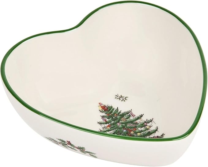 Spode Christmas Tree Heart Shaped Dip Bowl - 4.75-Inch Fine Earthenware Bowl for Dips, Sauces, and Condiments - Festive Holiday Decor and Christmas Gift - Classic Design, Dishwasher Safe