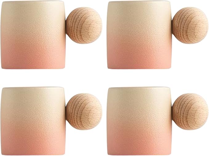 2-Oz Ceramic Espresso Cups with Wood Handle, 2/4-Piece Set for Coffee, Tea, Latte - Dishwasher Safe, Multi-Color & Wood Styles, Gift & Café Use (pink, Round Handle4)