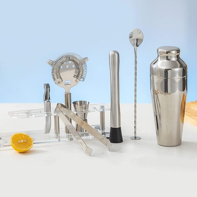 Cocktail Shaker Set with Arcylic Stand, Mixology Bartender Kit for Drink Mixing | Mixology Set with 7 Bar Set Tools Cocktail Kit (Silver)