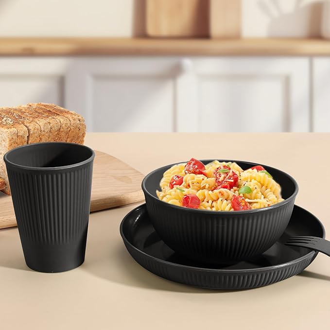 OAMCEG Wheat Straw Dinnerware Set | 42 pcs Plates and Bowls Sets for Kitchen & Camping | Wheatstraw Dinnerware Set Black dish set for 6 (Includes Dinner Plates, Bowls, Cups & Cutlery)