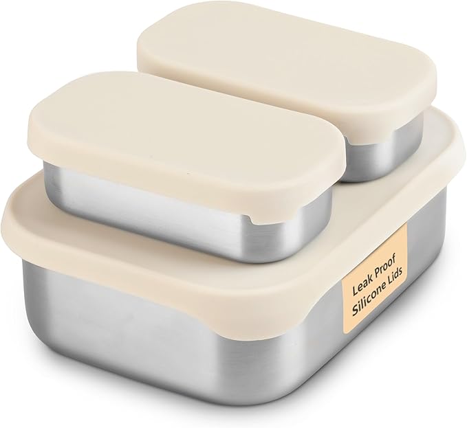 Flexibento - Leak proof Stainless Steel Lunch Box | Lunch Containers| Steel Bento Box |Sandwich Containers| Snack Containers |Metal lunch Box |Vanilla| 1 * 27 OZ+2 * 6.5 OZ|SIlicone lids