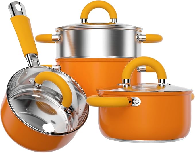 18/8 Stainless Steel Cookware Set, 7 PCS Pots and Pans Set, 4 3 2 QT Pot Pan with Lid and Steamer, Compatible with All Stovetops, Dishwasher Safe