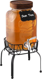 1 Gallon Drink Dispenser with Spigot 18/8 Stainless Steel – Airtight & Leakproof Glass Sun Tea Jar with Anti-Rust Lids, Beverage Dispenser for Parties (Single with Stand)