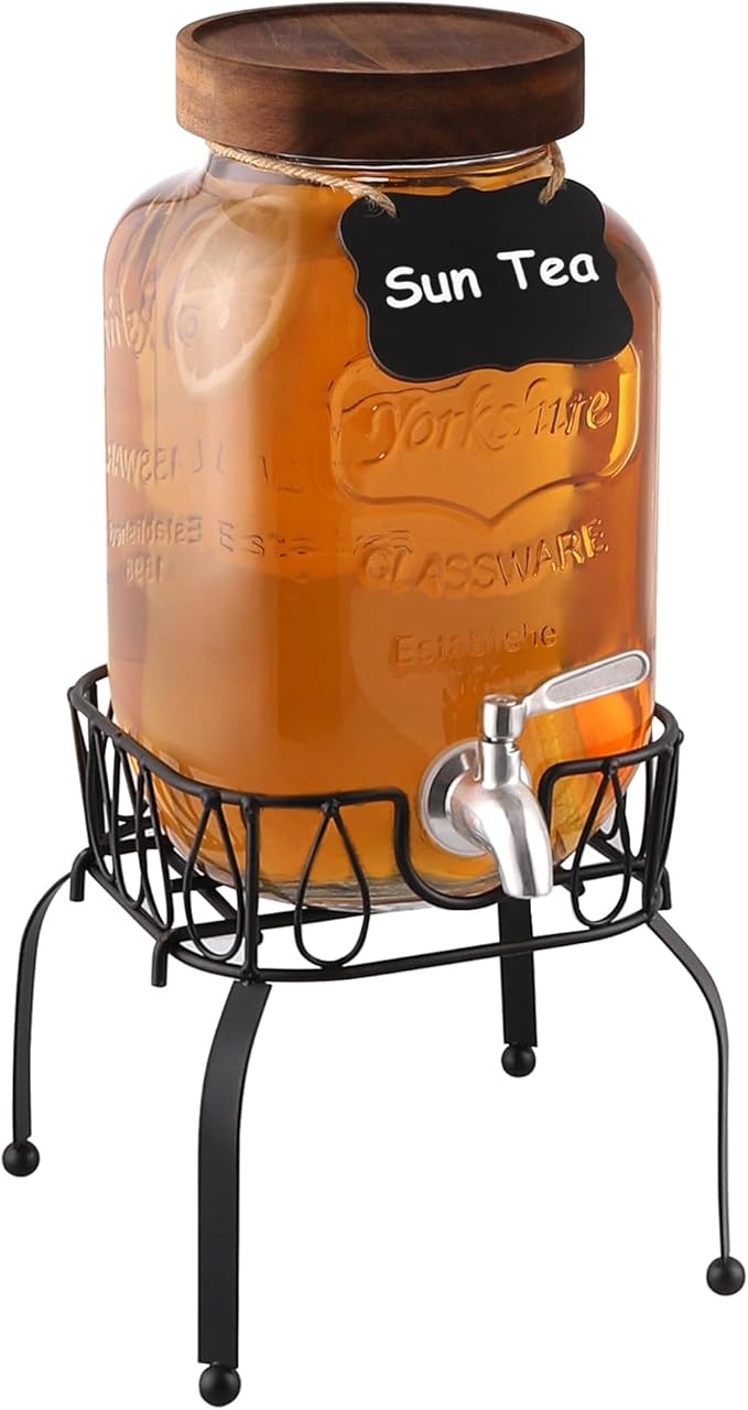 1 Gallon Drink Dispenser with Spigot 18/8 Stainless Steel – Airtight & Leakproof Glass Sun Tea Jar with Anti-Rust Lids, Beverage Dispenser for Parties (Single with Stand)