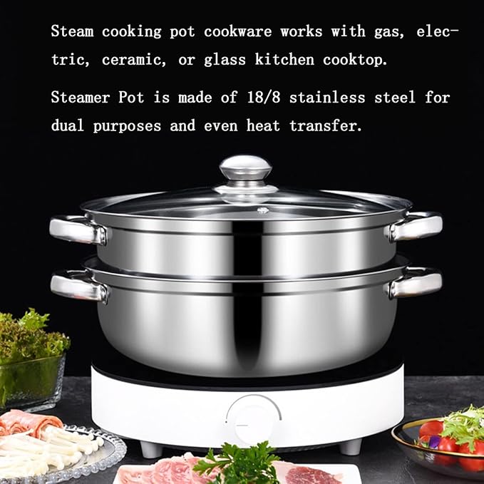 Steamer Pot for Cooking 11 inch Stainless Steel, 2-tier Multipurpose 18/8 Stainless Steel Steam Pot Cookware with Lid for Vegetable, Dumpling, Stock, Sauce, Food