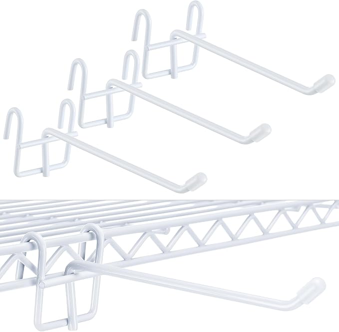 4 Pcs Accessory Hooks for Wire Shelving with Rubber Cover Heavy Duty Metal Hooks for Hanging Kitchen Utensils Wire Shelf Accessories Room Organization (White)