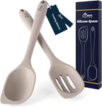 HOTEC Heat Resistant Silicone Cooking Spoon Spatula, Large Kitchen Solid and Slotted Spoons for Mixing, Serving, Scraping, Non-stick, Dishwasher Safe Khaki 12.5inch